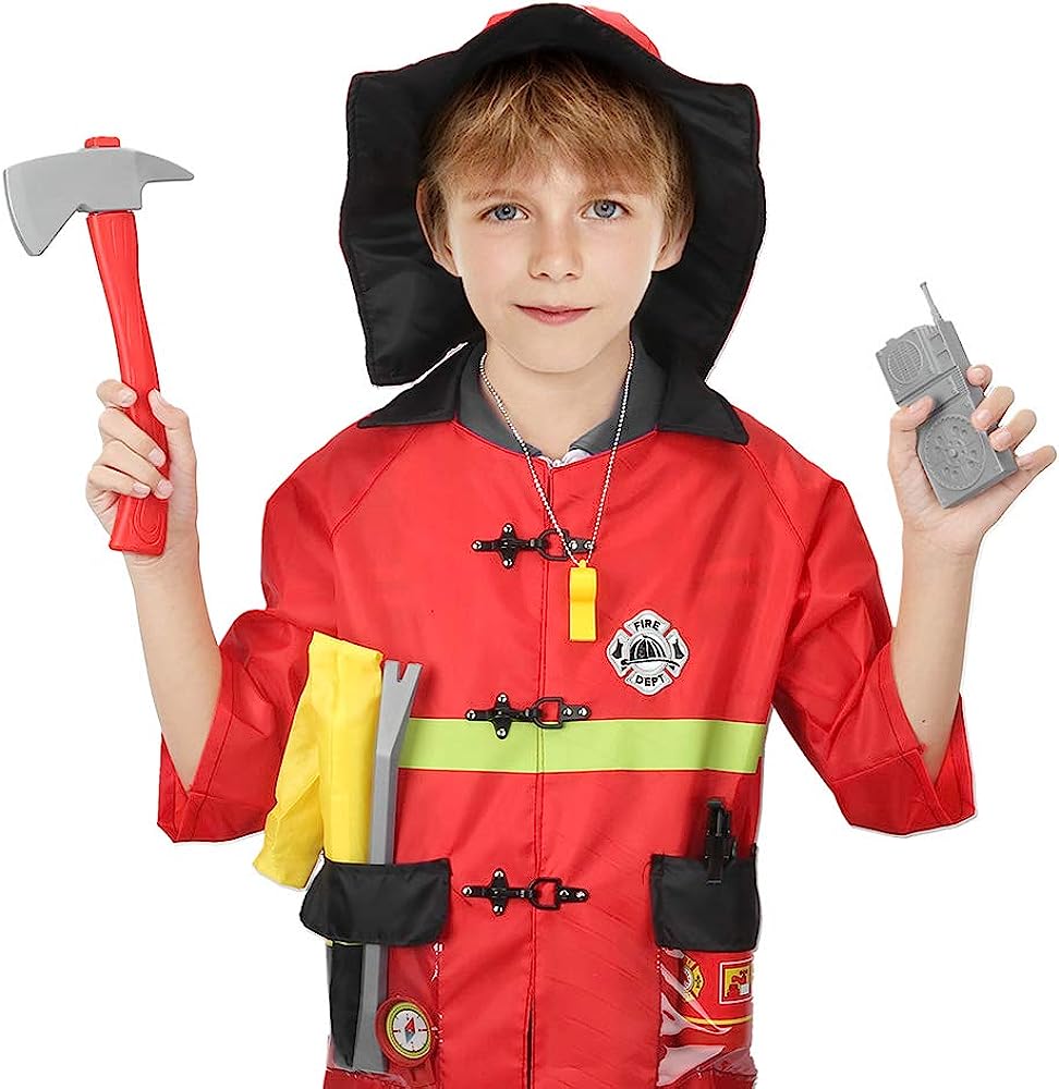 2023Fireman Costume for Kids, Firefighter Role Play Dress Up Set Washable Firefighter Costume Set with Water Shooting Extinguisher Drawstring Storage Bag for Kids 3+