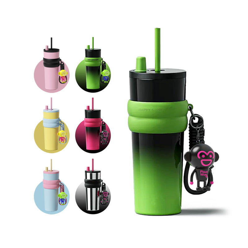 [Pisuz Way]Outdoor Straw Coffee Cup 24oz Thermos Cup Stainless Steel Water Bottle Cold Cup with Lanyard Car Coffee Cup Milk Tea Cup