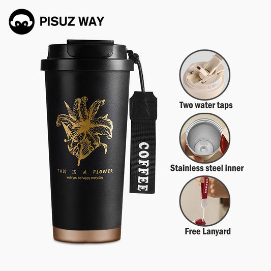 【Pisuz Way】 Ceramic Thermos Coffee Cup Portable 316 Stainless Steel   iner Thermos Bottle Vacuum Insulated Cup with Straw Large Capacity Drinking Tumbler