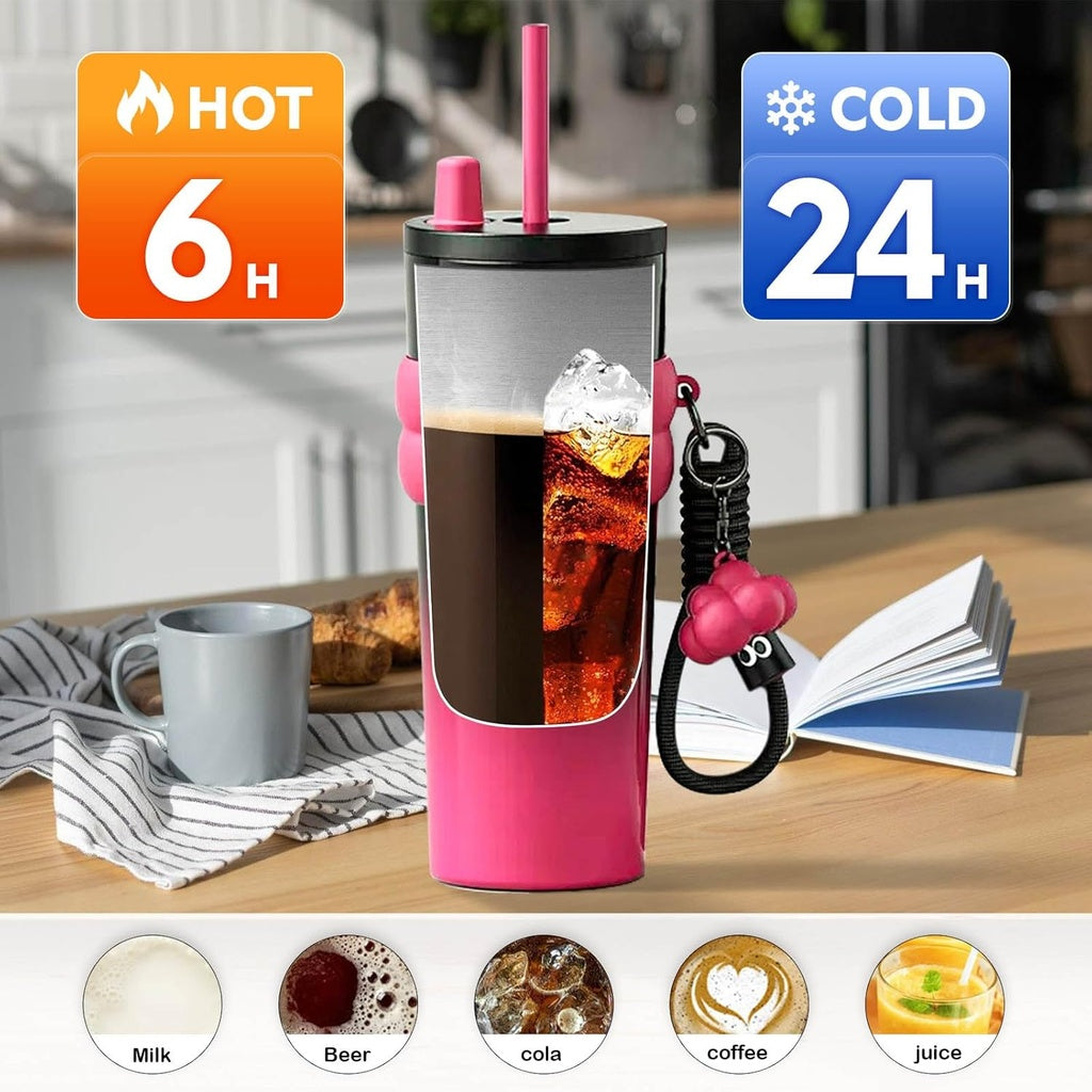 [Pisuz Way]Outdoor Straw Coffee Cup 24oz Thermos Cup Stainless Steel Water Bottle Cold Cup with Lanyard Car Coffee Cup Milk Tea Cup