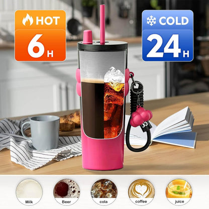 [Pisuz Way]Outdoor Straw Coffee Cup 24oz Thermos Cup Stainless Steel Water Bottle Cold Cup with Lanyard Car Coffee Cup Milk Tea Cup