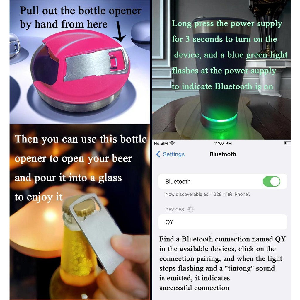 [Pisuz Way] Stainless steel thermos cup Outdoor ice bar cup with bottle opener Bluetooth car cup beer bottle opener detachable base