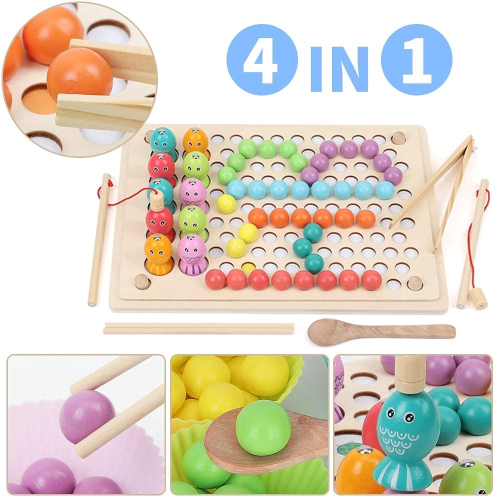 2023Wooden Magnetic Fishing Game for Kids,Clip Beads Puzzle Montessori Toys Game,Wooden Educational Toys for 3 4 5 Year Olds Boys Girls Gifts