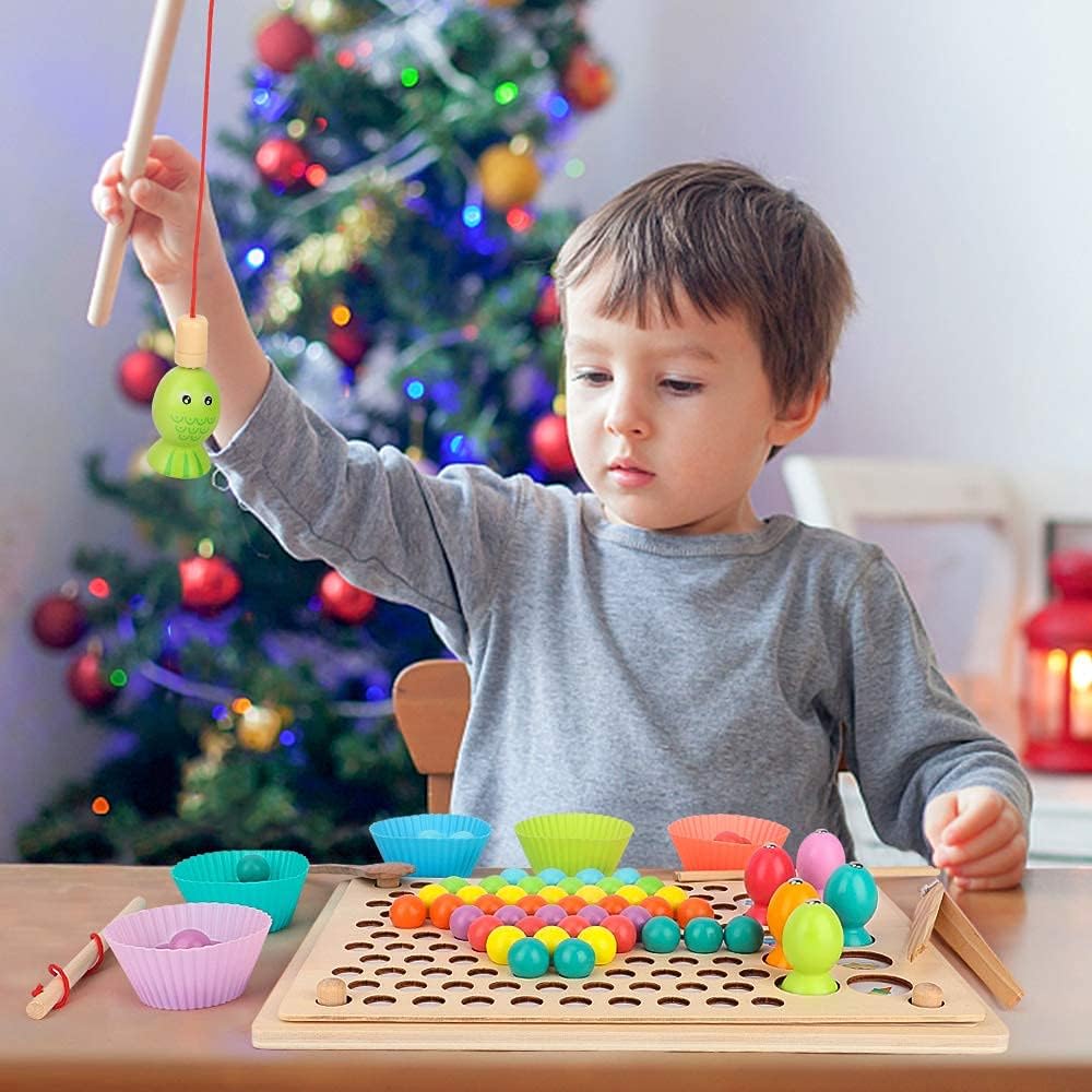 2023Wooden Magnetic Fishing Game for Kids,Clip Beads Puzzle Montessori Toys Game,Wooden Educational Toys for 3 4 5 Year Olds Boys Girls Gifts
