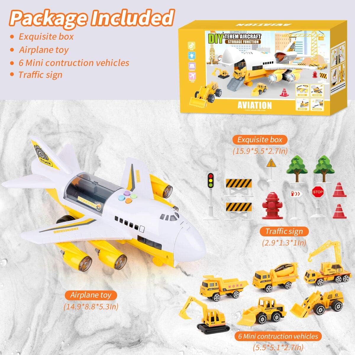 2023 Toy Planes for Kids, Toy Airplane Construction Truck with 6 Mini Alloy Cars and Traffic Sign Educational Gift for Kids